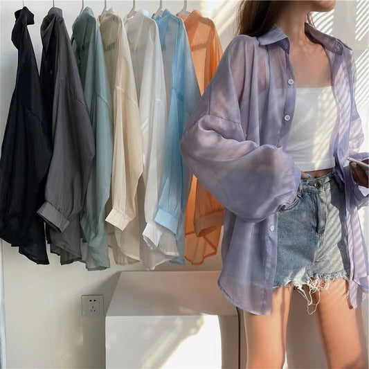Summer Pearlescent Shirt Thin Micro-transparent Long-Sleeved Chic Casual Loose Design Sense for Women